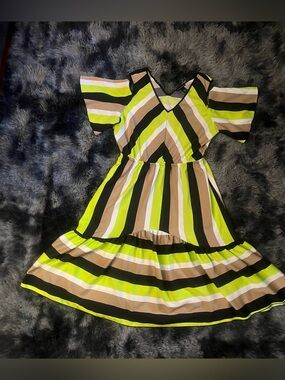 Ashley Stewart Striped Cold-Shoulder Dress in Lime, Black & Tan